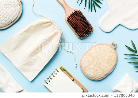 Zero waste concept. Eco-friendly home daily accessories. top view 137805346