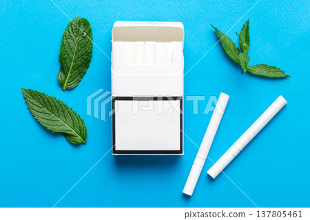 Pack of menthol cigarettes and fresh mint on colored table, Menthol cigarettes top view flat lay Pack of menthol cigarettes and fresh mint on colored table, Menthol cigarettes top view flat lay 137805461