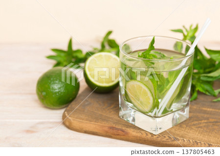Mojito cocktail. Refreshing mojito cocktail with lime, lemon and mint in a tall glass with a stick 137805463