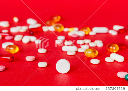 Many different colorful medication and pills perspective view. Set of many pills on colored background Many different colorful medication and pills perspective view. Set of many pills on colored background 137805519