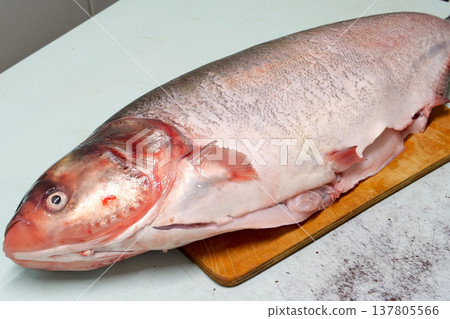 Cooking silver carp. cleaning ribs and blotting its insides with a napkin Cooking silver carp. cleaning ribs and blotting its insides with a napkin 137805566