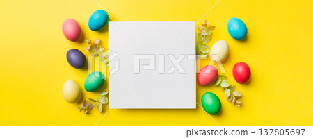 round frame multicolored Easter eggs with white blank paper on a brown background, close-up, space for text, blank for design, selective focus, tinted image round frame multicolored Easter eggs with white blank paper on a brown background, close-up, space for text, blank for design, selective focus, tinted image 137805697