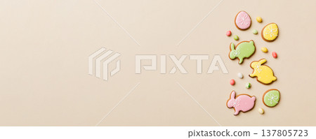 holiday preparation Multi colors Easter eggs with cookies on colored background . Pastel color Easter eggs. holiday concept with copy space holiday preparation Multi colors Easter eggs with cookies on colored background . Pastel color Easter eggs. holiday concept with copy space 137805723