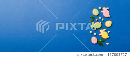 holiday preparation Multi colors Easter eggs with cookies on colored background . Pastel color Easter eggs. holiday concept with copy space holiday preparation Multi colors Easter eggs with cookies on colored background . Pastel color Easter eggs. holiday concept with copy space 137805727