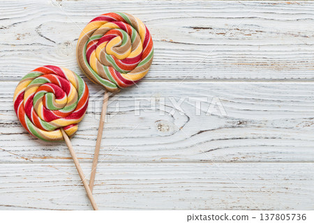 Set of colorful lollipops on colored background. Summer concept. Party Happy Birthday or Minimalist Concept 137805736