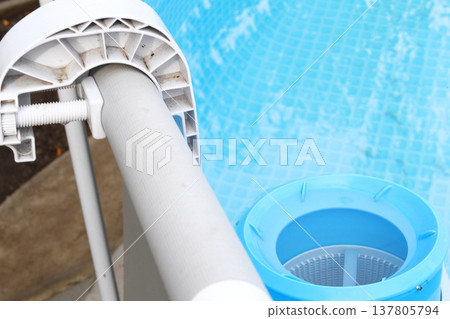 Top view of the blue skimmer for cleaning the pool in clear water. Contaminated pool cleaning concept Top view of the blue skimmer for cleaning the pool in clear water. Contaminated pool cleaning concept 137805794