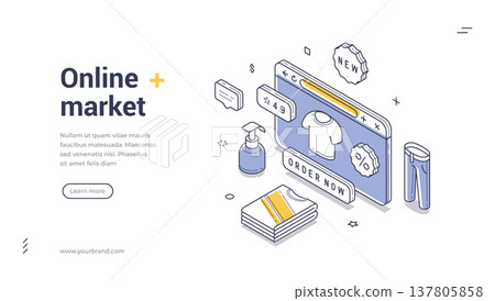 Online Market Clothes Shopping Isometric Vector Illustration Web Banner Template Design 137805858
