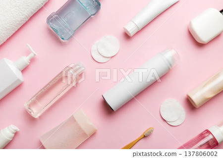 Mockup for bathing products top view flat lay, spa razor, toothpaste, soap, gel and other various accessories. Cosmetics for skin health. Bath Mockup for your logo Mockup for bathing products top view flat lay, spa razor, toothpaste, soap, gel and other various accessories. Cosmetics for skin health. Bath Mockup for your logo 137806002
