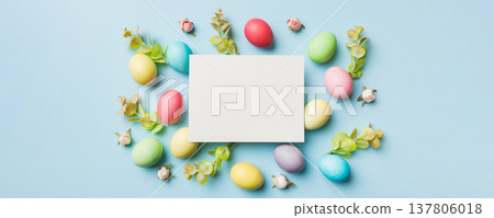round frame multicolored Easter eggs with white blank paper on a brown background, close-up, space for text, blank for design, selective focus, tinted image round frame multicolored Easter eggs with white blank paper on a brown background, close-up, space for text, blank for design, selective focus, tinted image 137806018