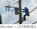 Worker doing electrical work on utility pole 137806061