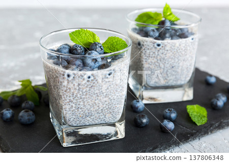 Healthy breakfast or morning with chia seeds vanilla pudding and blueberry berries on table background, vegetarian food, diet and health concept. Chia pudding with coconut milk and blueberry 137806348