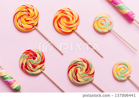 Set of colorful lollipops on colored background. Summer concept. Party Happy Birthday or Minimalist Concept 137806441