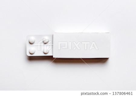 Blank White Product Package Box Mock-up. Open blank medicine drug box with blister top view Blank White Product Package Box Mock-up. Open blank medicine drug box with blister top view 137806461