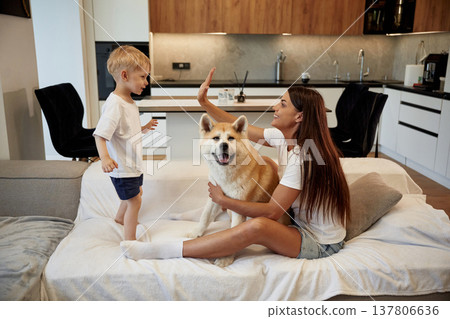 High five hands gesture. Mother with son and Shibu Inu dog are at home 137806636