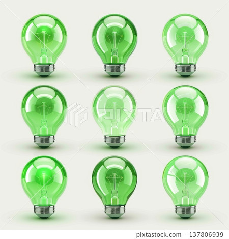 Green light bulbs, lamp icon set, lightbulbs isolated, render style minimal light bulbs, creativity idea 137806939