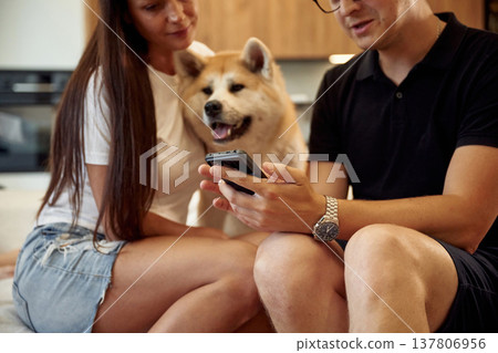 Guy is holding smartphone. Man and woman are sitting at home with Shibu Inu dog Guy is holding smartphone. Man and woman are sitting at home with Shibu Inu dog 137806956