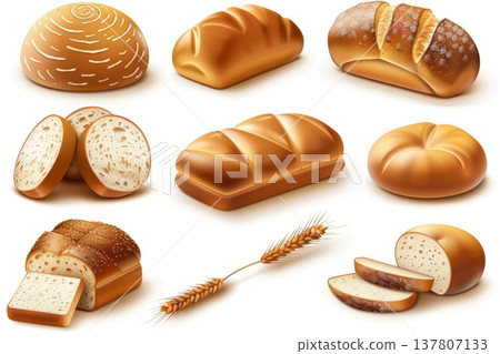 Bread loaves icon, bakery products set, 3d realistic pastry collection, baked buns, baguettes symbols 137807133