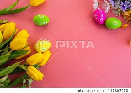spring easter decoration with painted eggs and yellow tulips spring easter decoration with painted eggs and yellow tulips 137807378