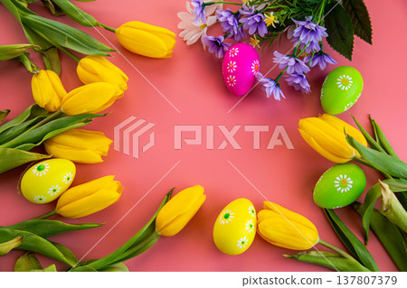 easter holiday composition with tulips flowers and colorful eggs 137807379