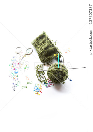 knitting yarn and tools isolated on white clean background knitting yarn and tools isolated on white clean background 137807387