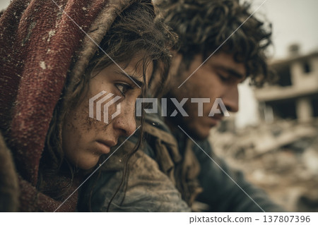 A brother and sister huddled together amidst the rubble. A brother and sister huddled together amidst the rubble. 137807396