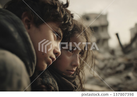 一對兄妹蜷縮在廢墟中。 137807398