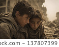 A brother and sister huddled together amidst the rubble. A brother and sister huddled together amidst the rubble. 137807399