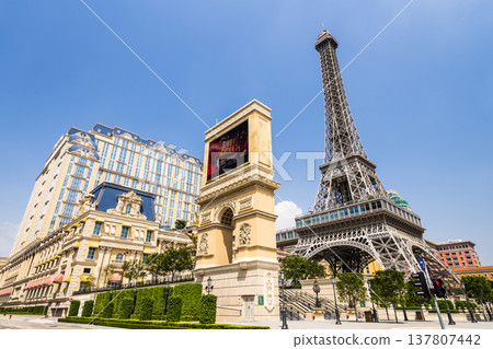 Beautiful view of the Eiffel Tower at Parisian Macao is a casino resort on the Cotai Strip in Macau, China, owned by Las Vegas Sands. 137807442