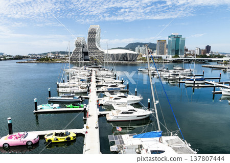 View of Argo Yacht Marina at Glory Pier of Kaohsiung Port, Taiwan, and the Kaohsiung Music Center building. 137807444