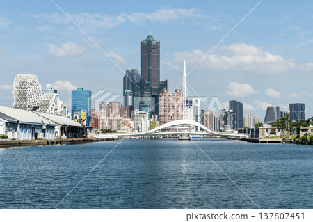 Panoramic view of the Dagang Bridge, 85 Sky Tower, and other buildings. The bridge connects Pier-2 Art Center and Peng-lai Commercial Harbor in Kaohsiung, Taiwan. Panoramic view of the Dagang Bridge, 85 Sky Tower, and other buildings. The bridge connects Pier-2 Art Center and Peng-lai Commercial Harbor in Kaohsiung, Taiwan. 137807451