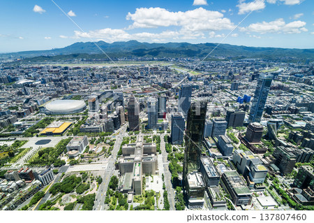 Bird-eye view of Taipei urban architecture landscape from the Taipei 101 Observation Deck, Taiwan. Such as the Taipei Dome, Sun Yat-sen Memorial Hall, and skyscrapers etc. 137807460