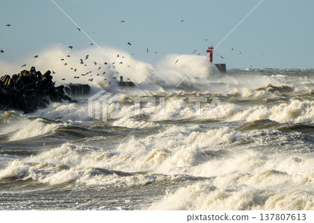 Storm waves crashing against Liepaja harbor breakwater during powerful Baltic Sea storm 137807613