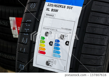 New Car Tire with European Efficiency Label Showing Fuel Economy, Wet Grip and Noise Rating Close-Up 137807616
