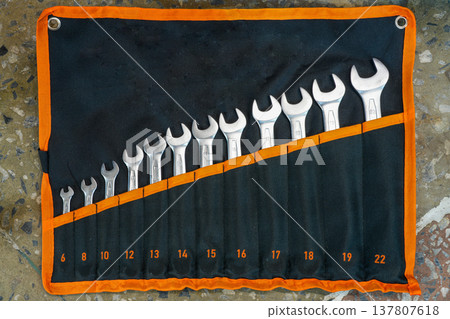 Complete Open-End Wrench Set in Fabric Tool Roll Organizer with Metric Sizes for Mechanical Work 137807618
