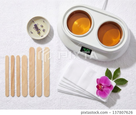 Waxing depilation setup with heated wax, wooden spatulas, and lavender in a beauty salon environment Waxing depilation setup with heated wax, wooden spatulas, and lavender in a beauty salon environment 137807626