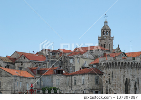 Historic Korcula Town with Stone Walls and Red Roofs 137807887