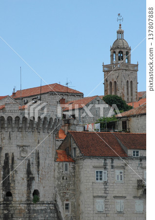 Historic Korcula Town with St Mark Cathedral and Stone Tower 137807888