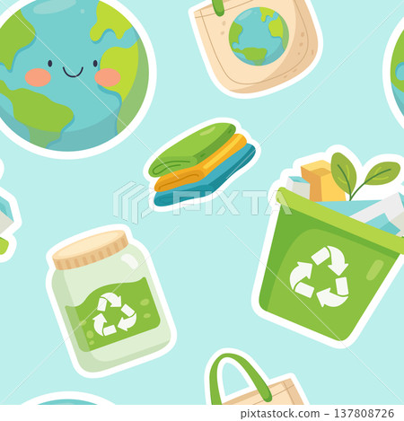 Eco friendly seamless pattern with earth globe recycling bin glass jar and tote bag 137808726