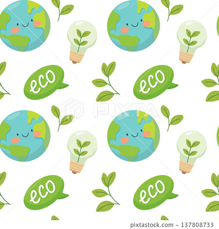 Seamless eco pattern with cute earth globe plant bulb and green leaves for sustainable design 137808733