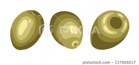 Olive fruit set vector hand drawn illustration. Italian food cartoon drawing for mediterranean cafe menu and restaurant template. Realistic drawing perfect for culinary product graphic design. 137808817