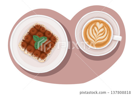 Italian tiramisu and cappuccino coffee top view vector food illustration. Hand drawn composition with heart shaped background. Sweet dessert for cafe menu design. Perfect for restaurant packaging. 137808818