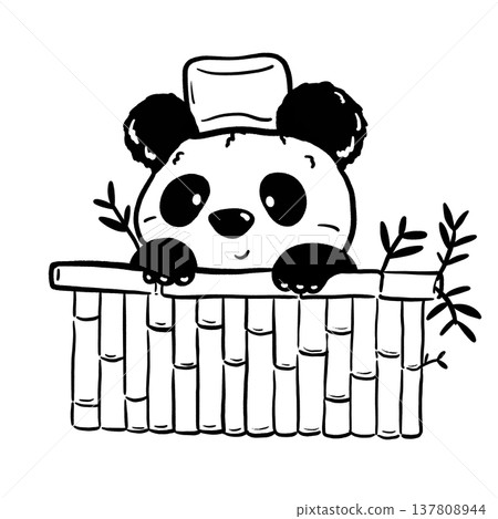 A panda with a hat perching on a bamboo fence cartoon outline illustration 137808944