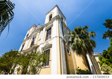 The beautiful view of St. Lawrence's church in Macau, China. The place is one of the UNESCO World Heritage. The beautiful view of St. Lawrence's church in Macau, China. The place is one of the UNESCO World Heritage. 137809033