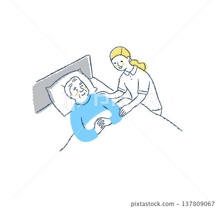 Senior man sleeping in bed and woman caring for him Senior man sleeping in bed and woman caring for him 137809067