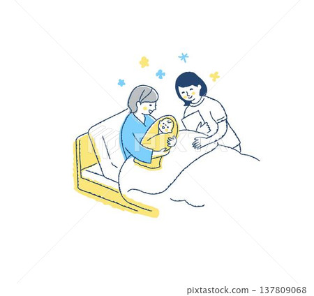 一位母親抱著嬰兒躺在床上，一位微笑的護士 137809068