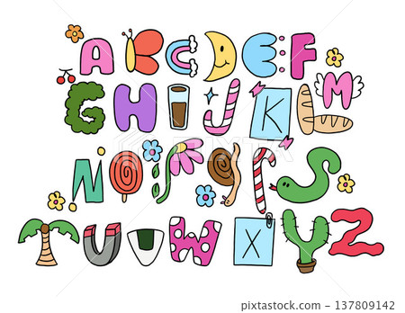 Hand drawn vector illustrations of fancy A to Z alphabet letters for font, typography, text, message, campaign badge, initials, name design, print, calligraphy, sticker, education book, icons, kids 137809142