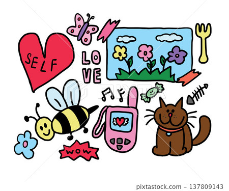 Vector illustrations of kid drawing style elements including self love heart, butterfly, bee, flip phone, flower, postcard, cat, candy, fork, fish bone for decorations, stickers, icon set, summer vibe 137809143