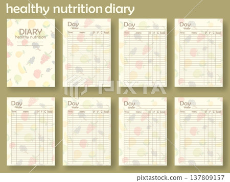 A mockup of a healthy nutrition diary template shows blank pages for tracking daily meals and water intake. Each page includes sections to fill out details about food and nutrition 137809157