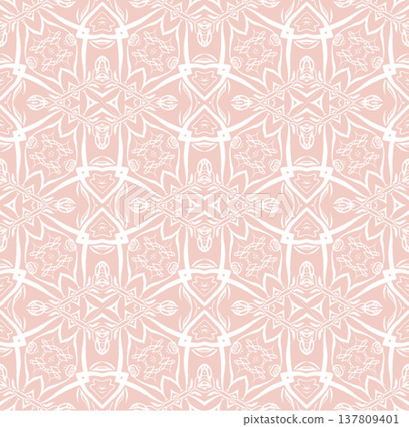 Blush Pink and White Boho Floral Seamless Pattern with Ornamental Medallions 137809401