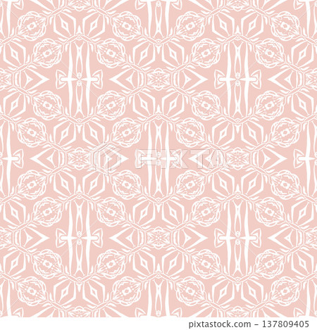 Blush Pink and White Boho Floral Seamless Pattern with Ornamental Medallions 137809405